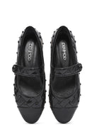 Women's Black Banded Patterned Leather Ballerinas | Derimod