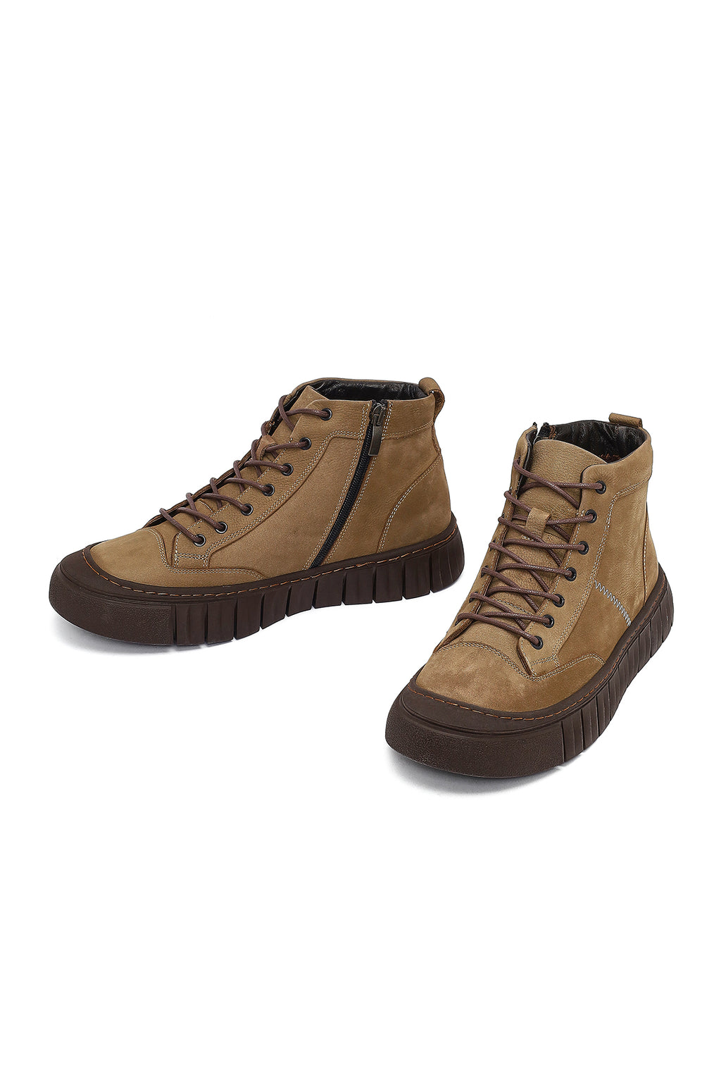 Erkek Bej Bağcıklı Fermuarlı Nubuk Deri Spor Bot