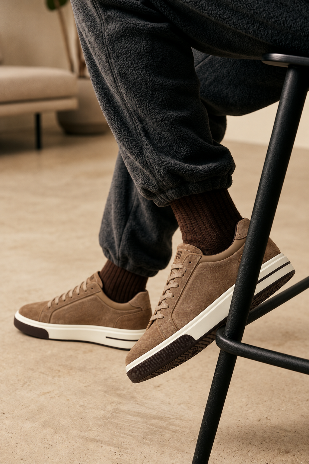 Erkek Vizon Bağcıklı Kalın Tabanlı Süet Deri Sneaker
