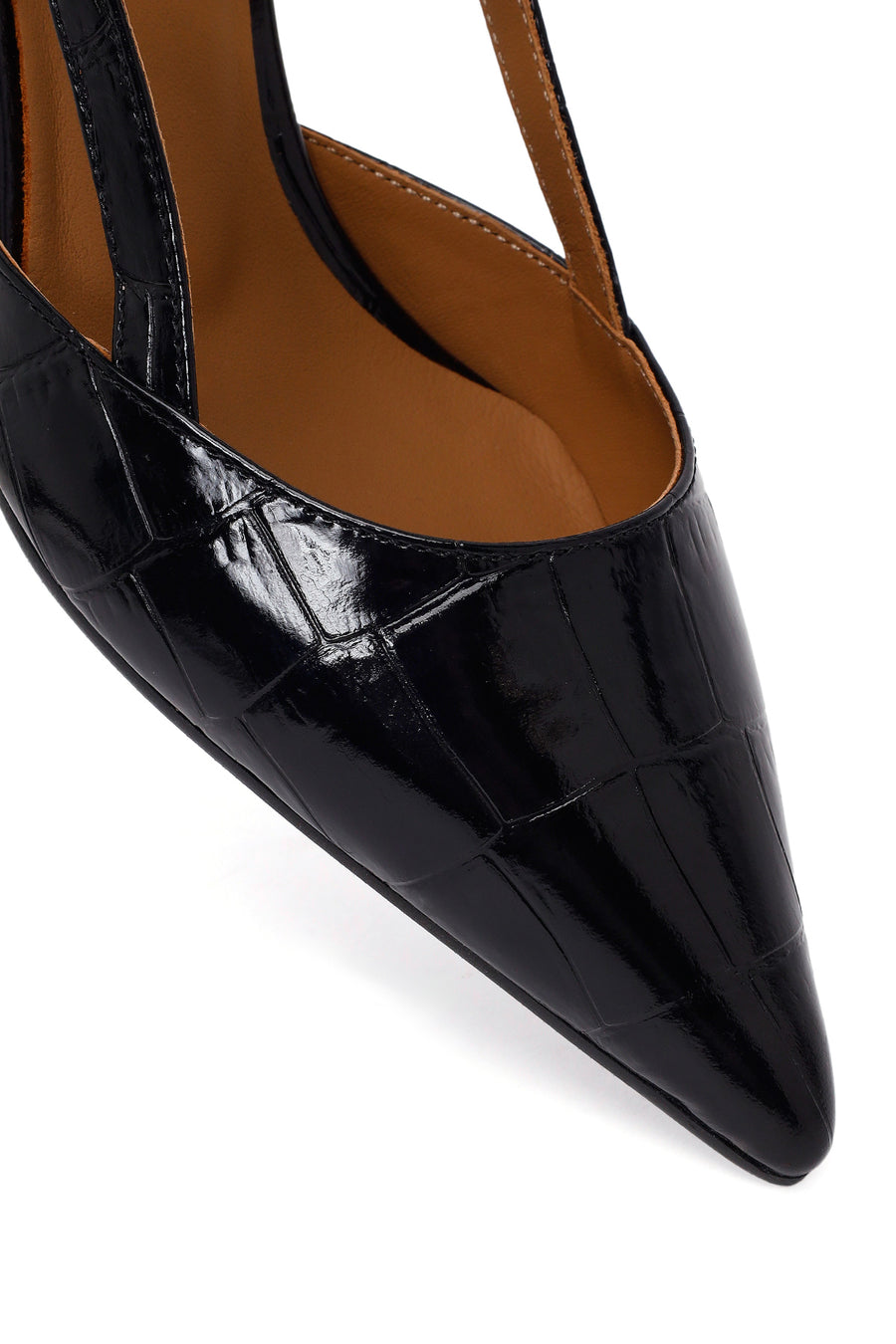 Woman Black Open-Back Thin-Heeled Croc-Embossed Leather Shoes