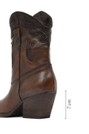 Women's Brown Short Chunky Heel Leather Cowboy Boots | Derimod