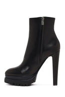 Woman Black Zip Closure Platform High Thick-Heeled Leather Boots | Derimod