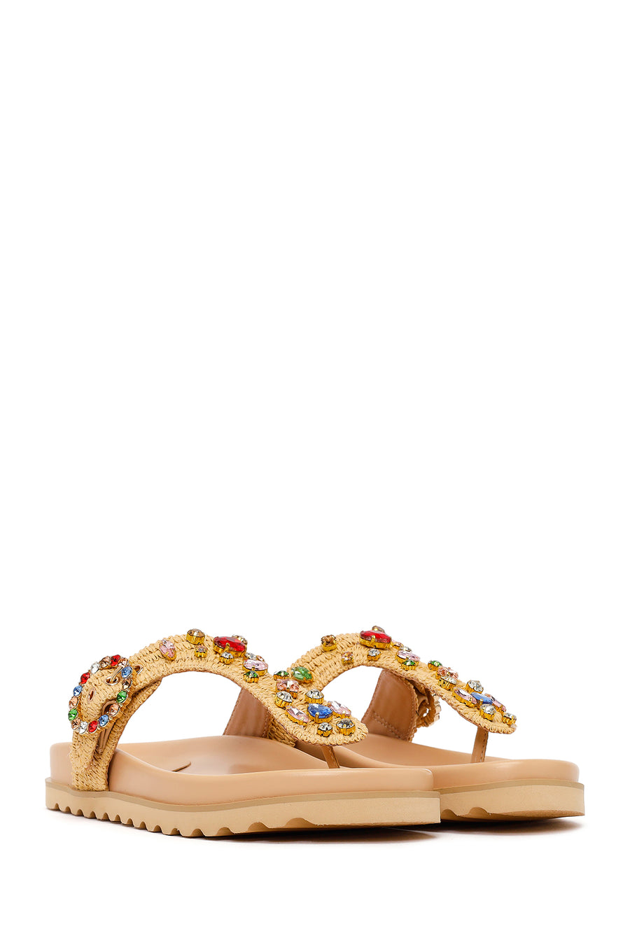 Woman Beige Embellished Straw Flip-Flops