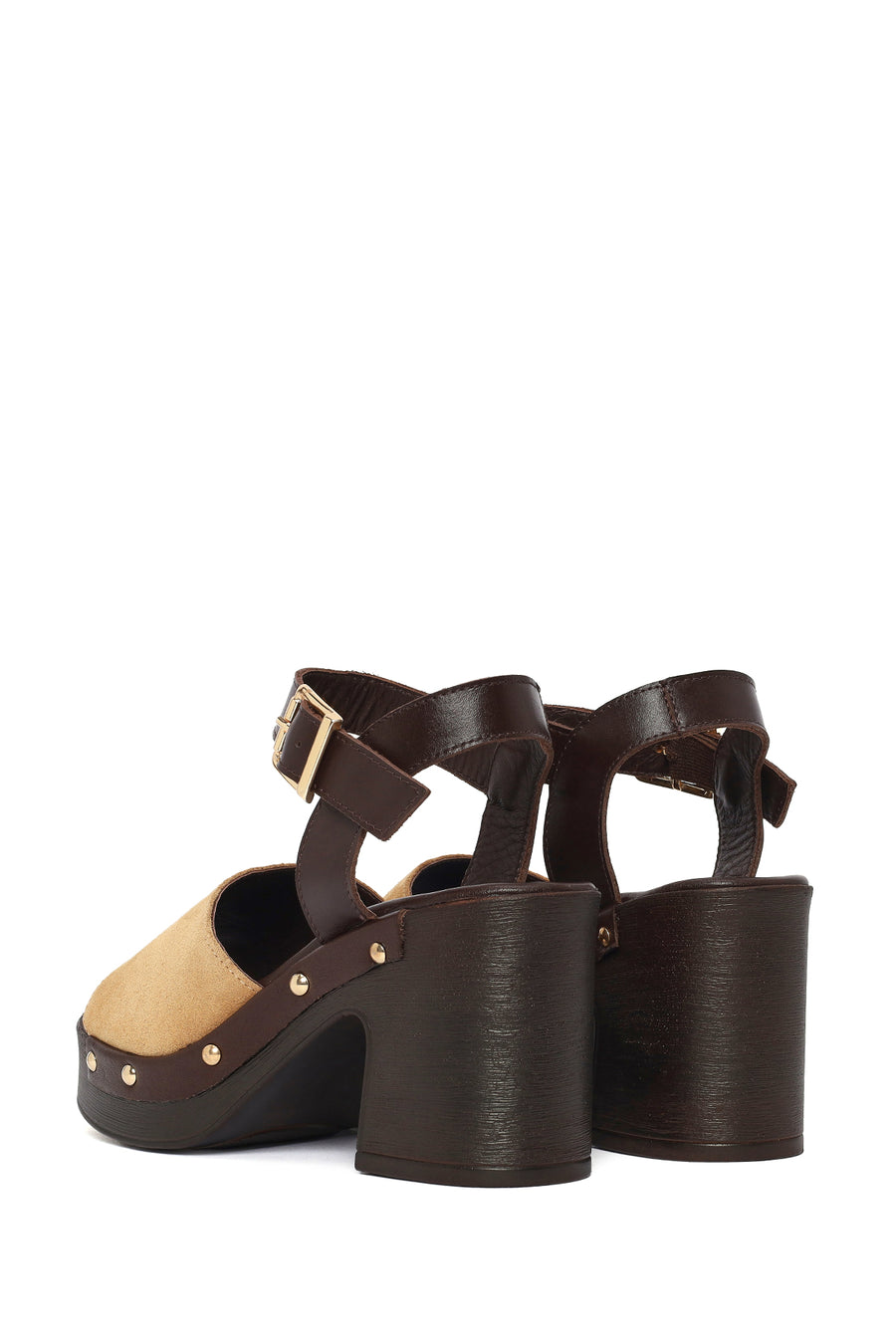 Woman Beige Ankle-Strap Buckled Thick-Heeled Suede Leather Sandals