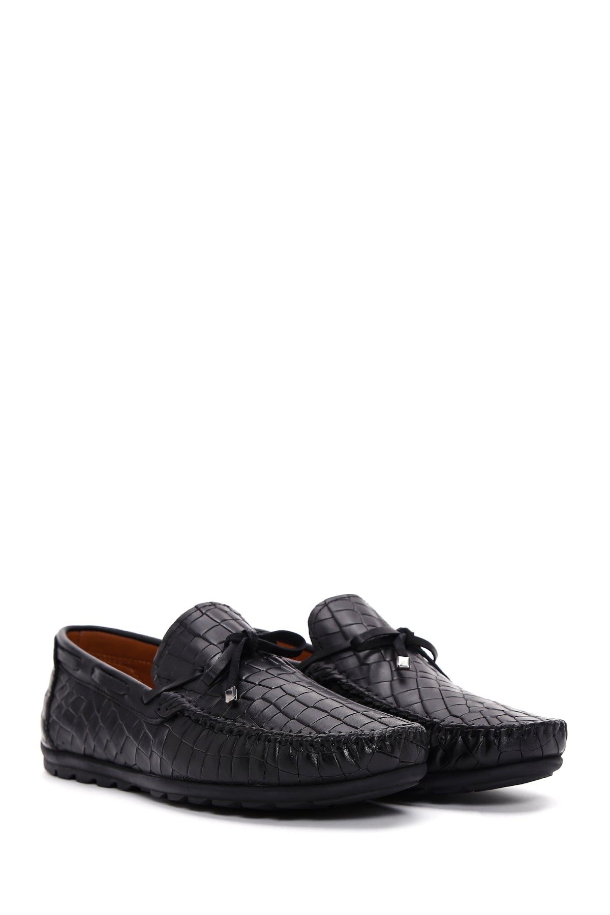 Erkek Siyah Kroko Desenli Deri Casual Loafer