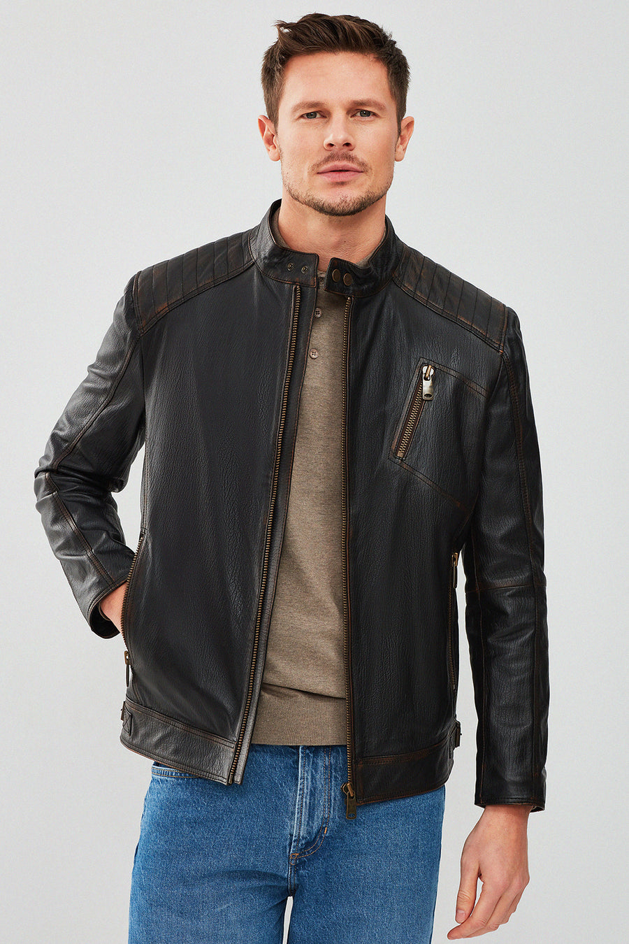 New Durant Erkek Siyah Slim-Fit Vintage Deri Mont 16WGD6151VD | Derimod