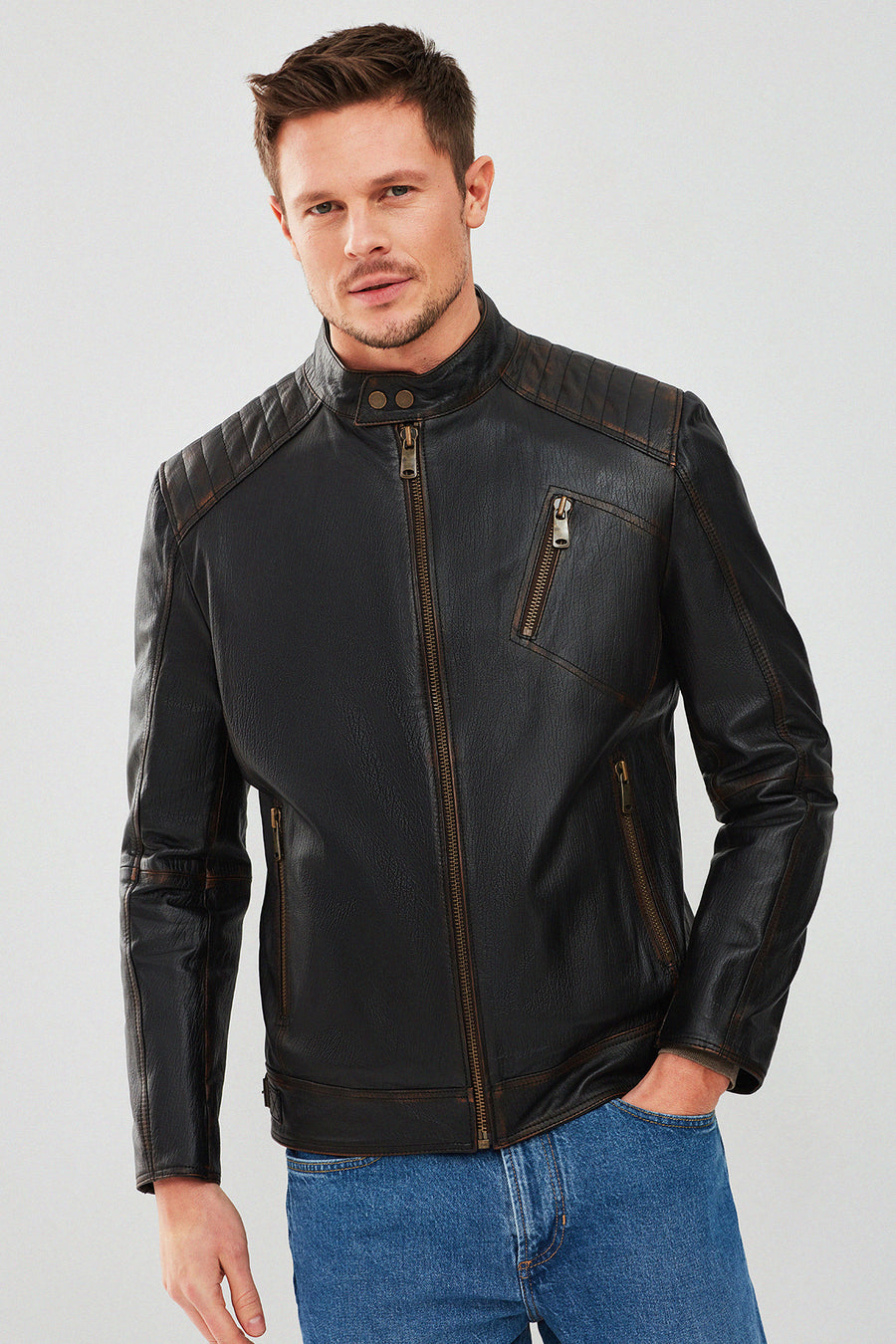 New Durant Erkek Siyah Slim-Fit Vintage Deri Mont
