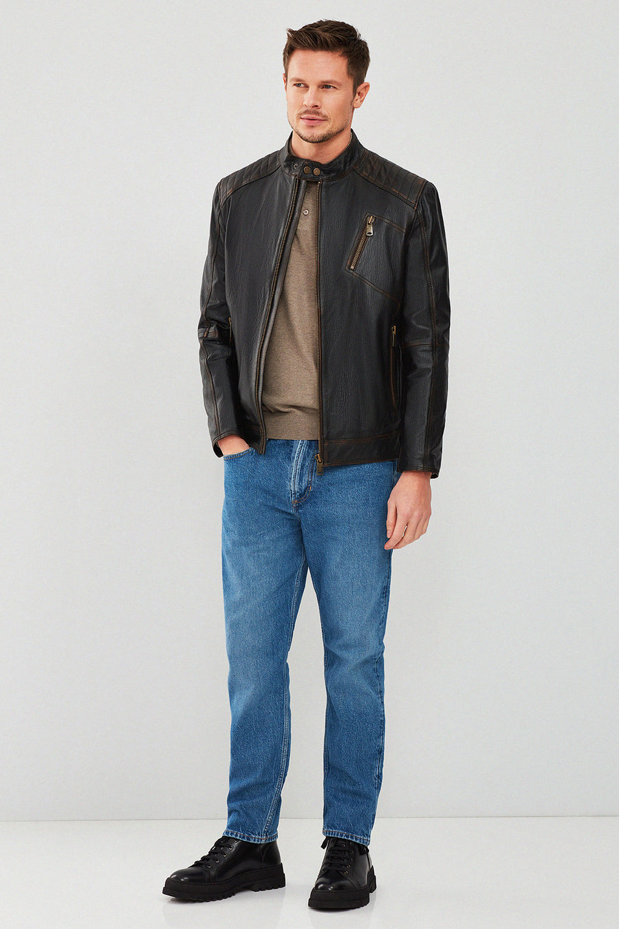New Durant Erkek Siyah Slim-Fit Vintage Deri Mont