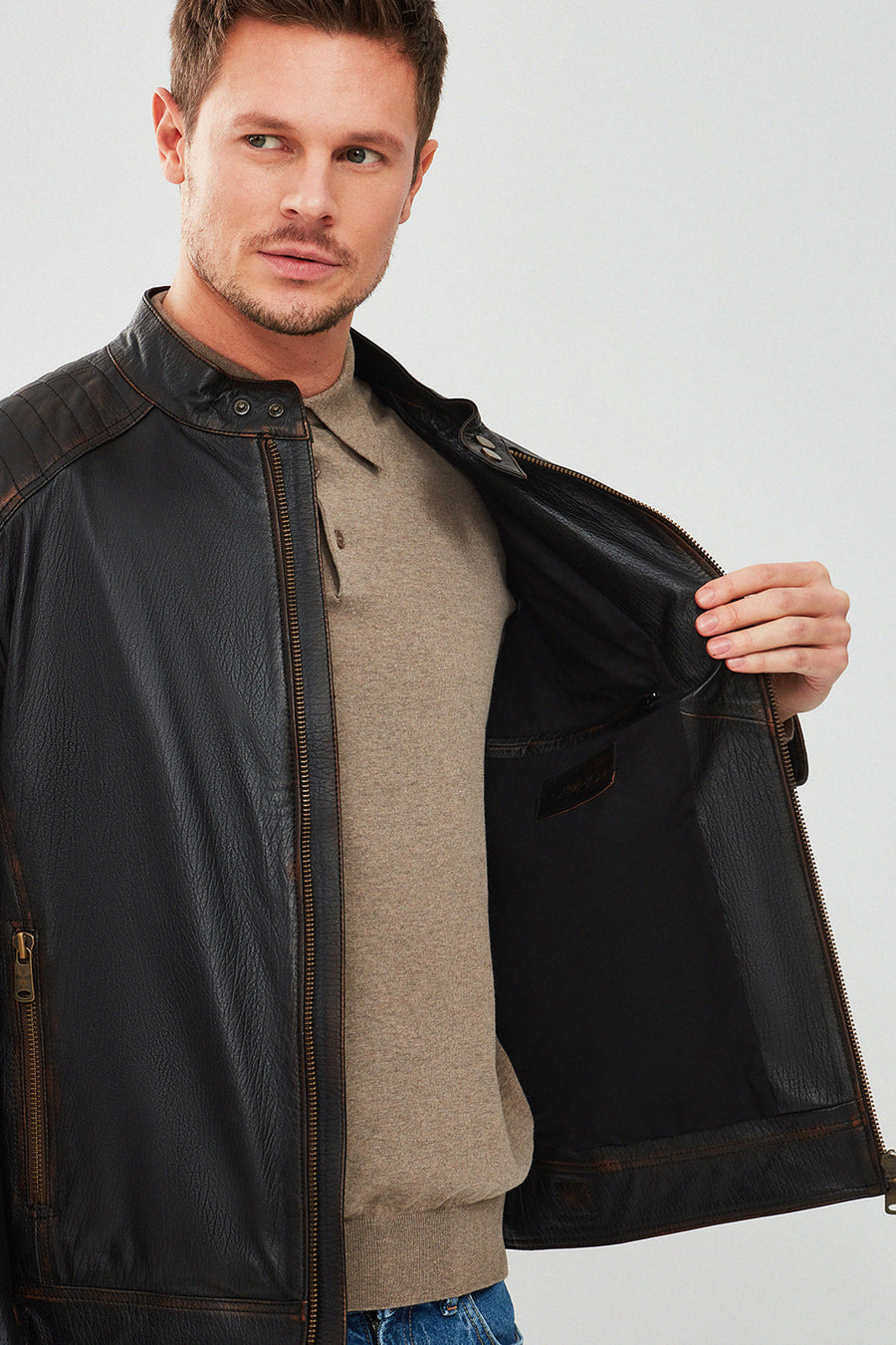 New Durant Erkek Siyah Slim-Fit Vintage Deri Mont