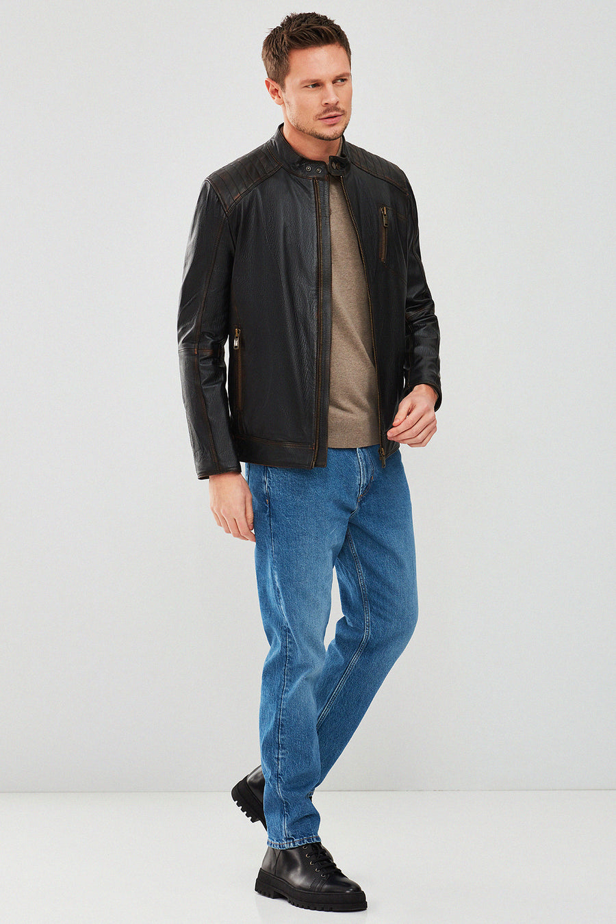 New Durant Erkek Siyah Slim-Fit Vintage Deri Mont