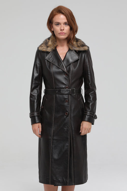 Brenda Women's Brown Fur Leather Overcoat
