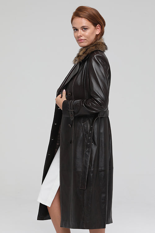 Brenda Women's Brown Fur Leather Overcoat