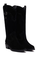 Woman Black Short Thick-Heeled Suede Cowboy Boots | Derimod