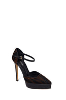 Woman Brown Ankle Buckle Platform Feather-Detail High Thin-Heeled Leather Shoes | Derimod