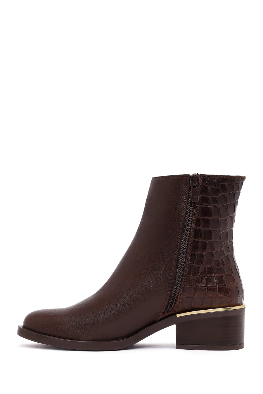 Woman Brown Zip Closure Short Thick Heeled Leather Boots