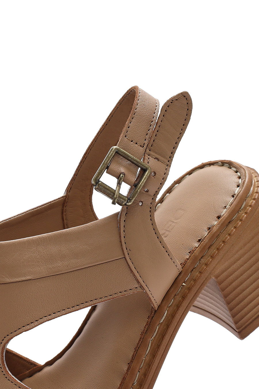 Women's Camel Ankle Strap Thick Heel Leather Sandals