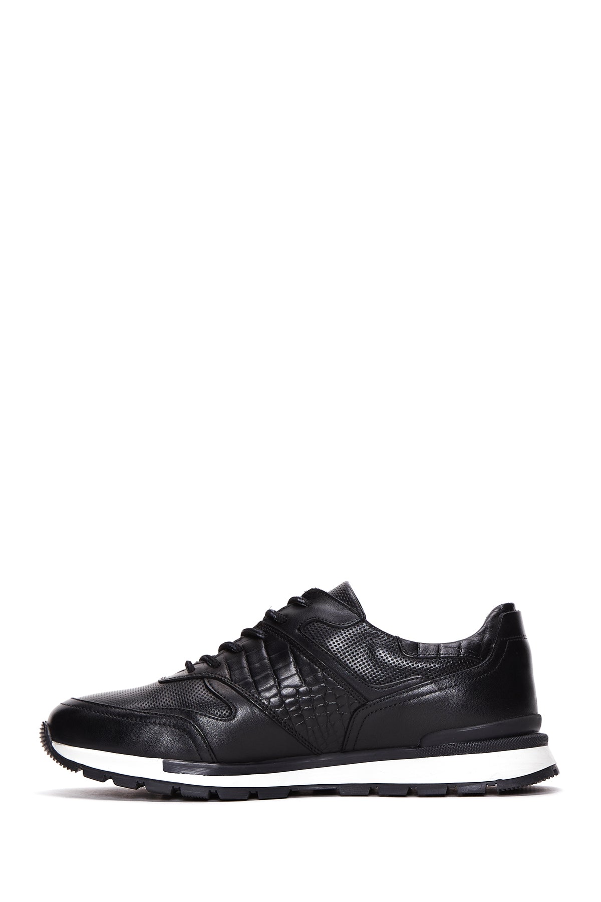 Erkek Siyah Bağcıklı Deri Casual Sneaker