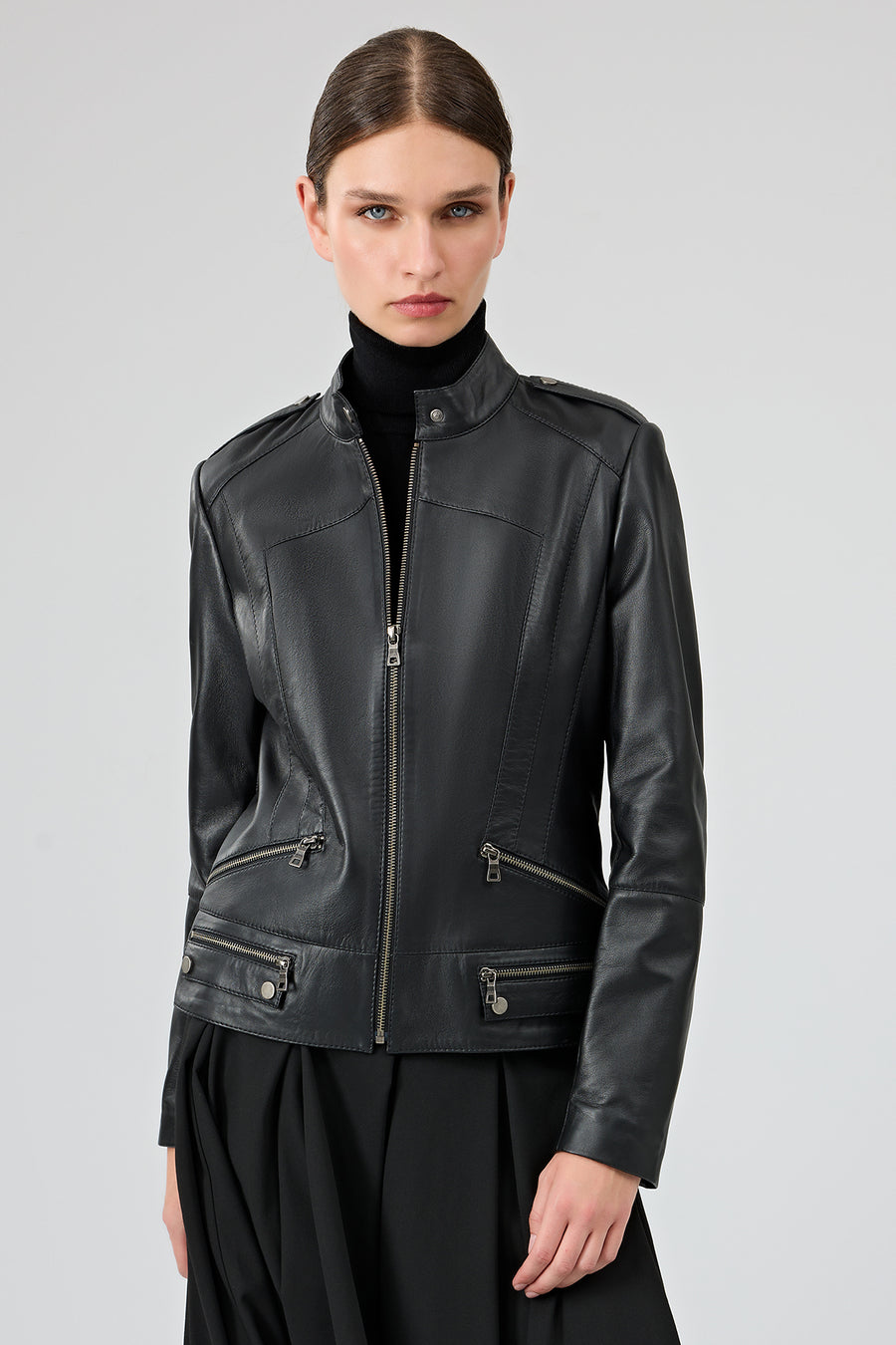 Nora Women's Black Stand Collar Short Leather Jacket