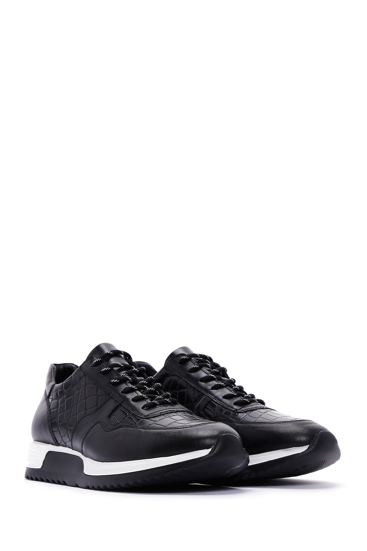 Erkek Siyah Bağcıklı Deri Sneaker