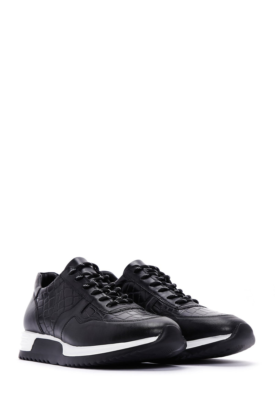 Erkek Siyah Bağcıklı Deri Casual Sneaker
