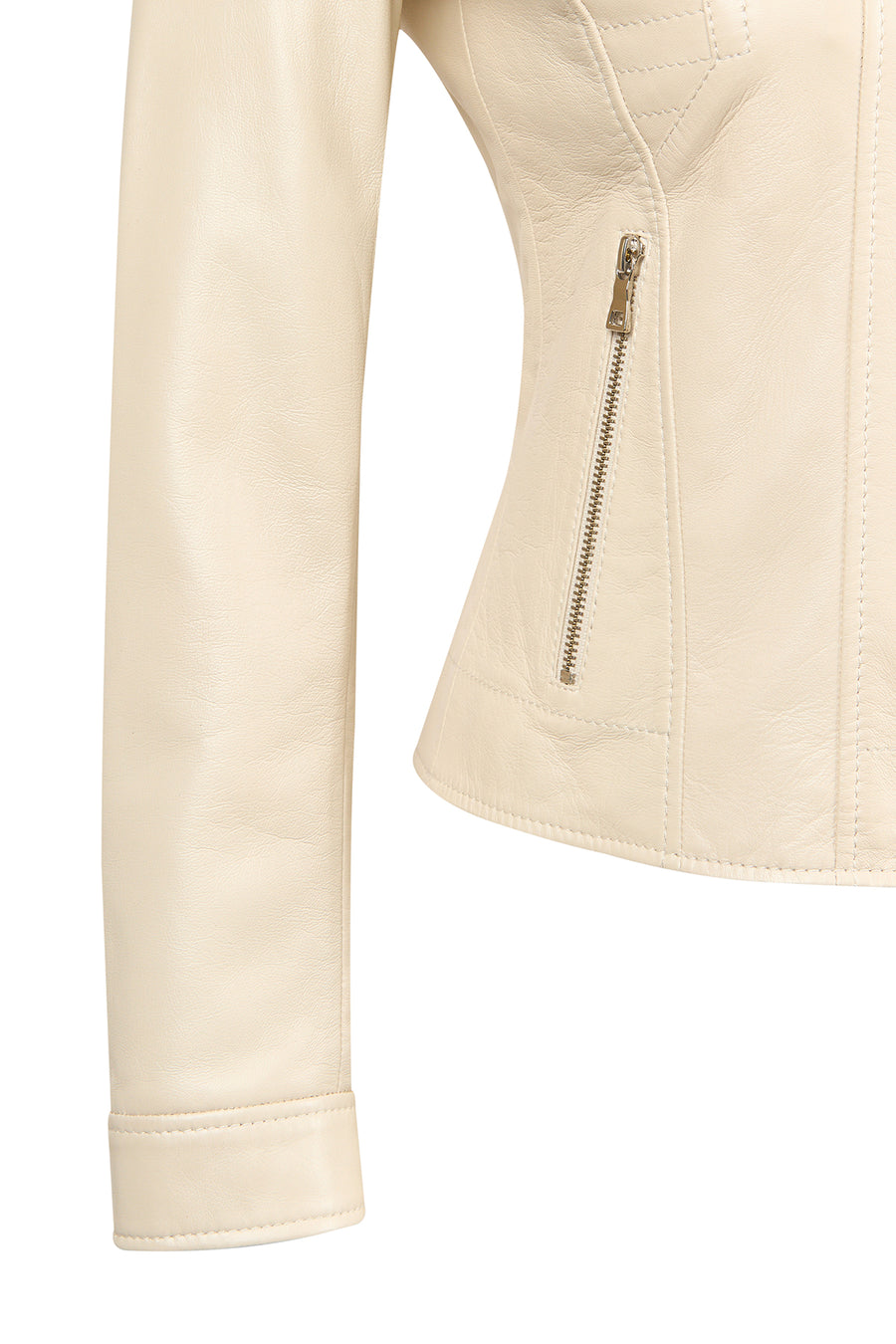 Marlyn Woman Beige Stand Collar Short Leather Jacket
