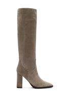 Women's Beige Suede Leather Heeled Boots | Derimod