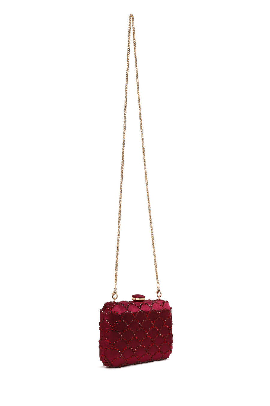 Woman Burgundy Long Chain Strap Stone-Embellished Mini Clutch Evening Bag
