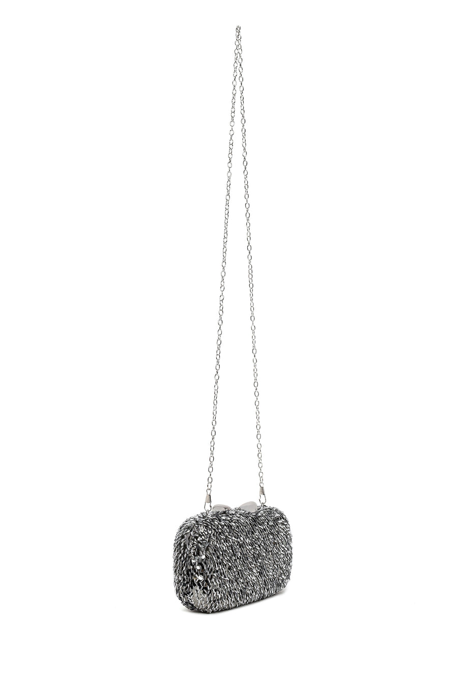Woman Silver Chain Strap Sequin Mini Box Evening Bag