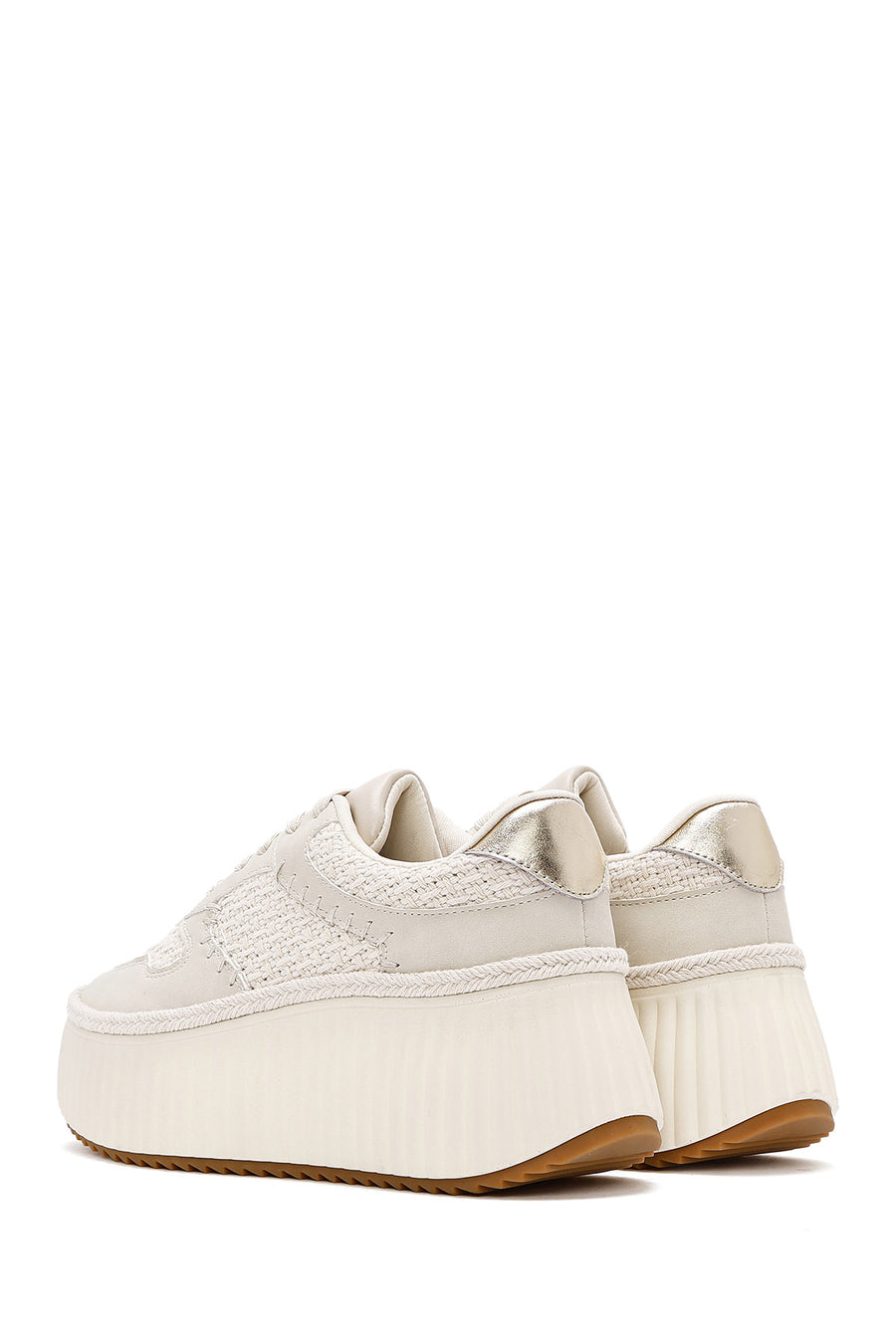 Women's Beige Lace-Up Thick-Sole Knitted Sneakers