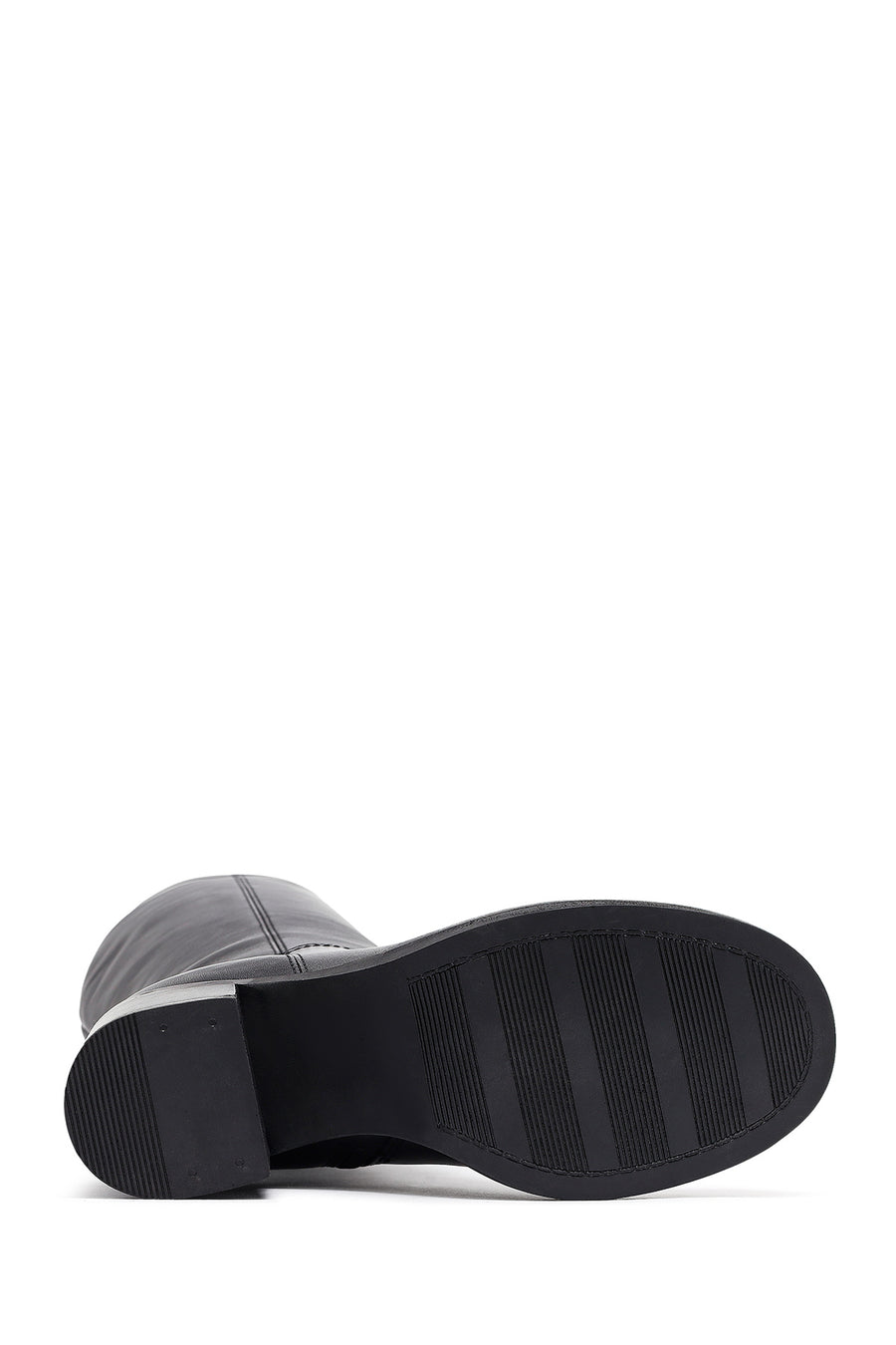 Woman Black Zippered Chunky Heels Leather Boot