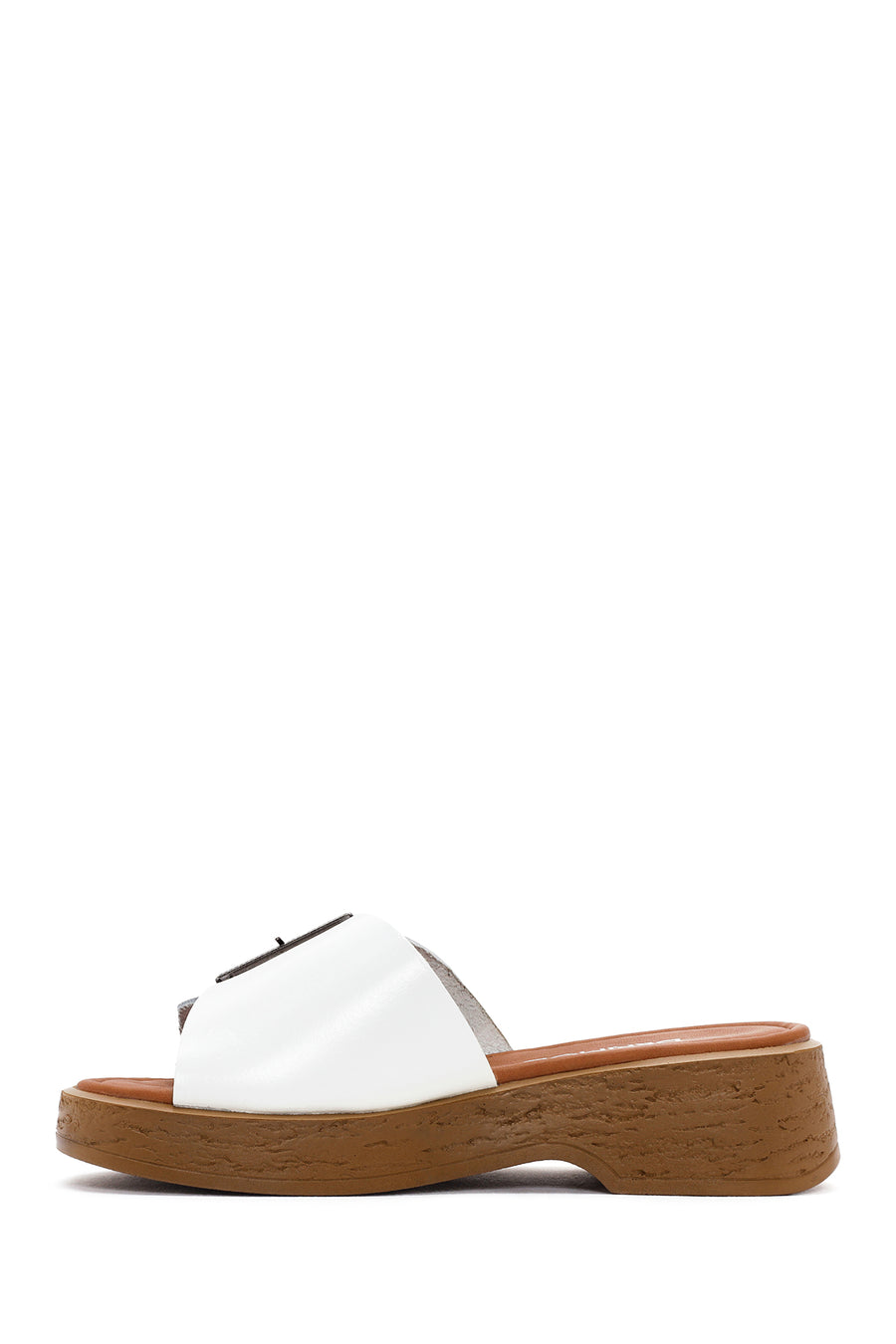 Women's White Buckle Leather Slippers