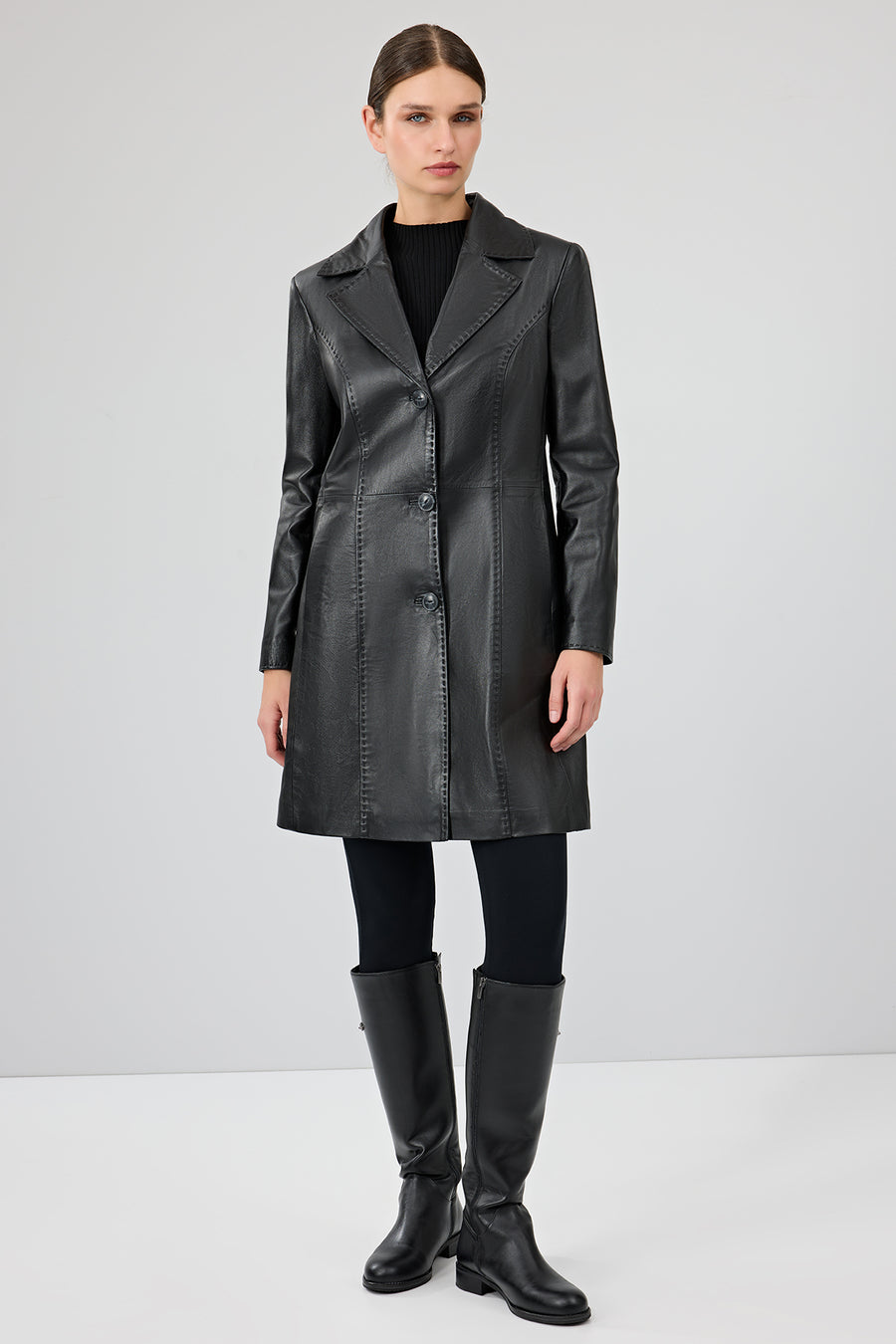 Christina Women's Black Fur Long Leather Coat