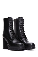 Women's Black Leather Zippered Platform Heeled Boots | Derimod