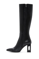 Women's Black Zipper Heeled Leather Boots | Derimod