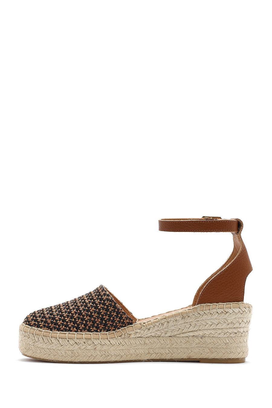 Women's Tan Ankle Buckle Wedge Heeled Straw Leather Espadrille Sandals