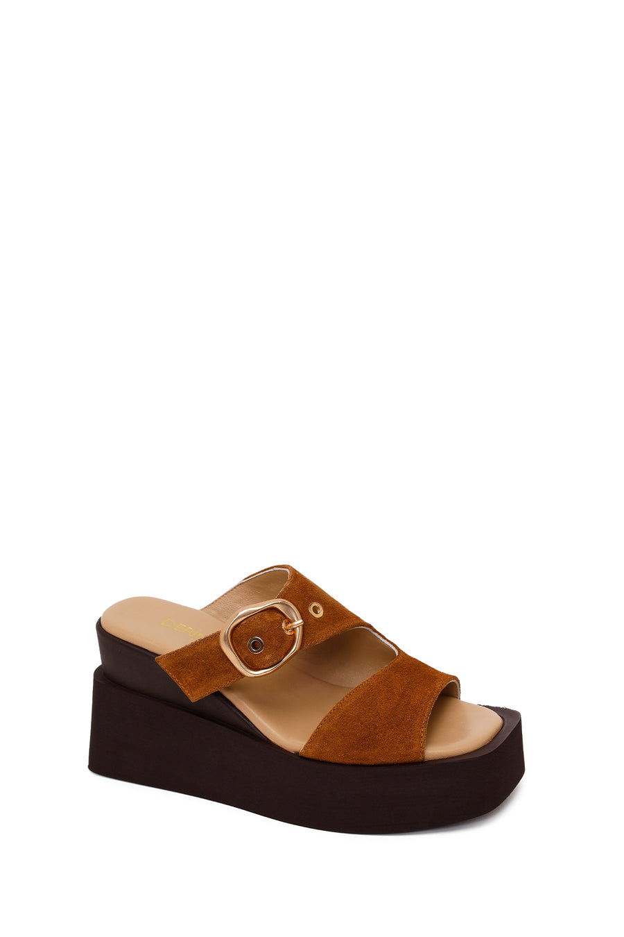 Woman Tan Buckled Wedge Heel Suede Slipper