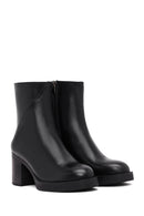 Woman Black Zip Closure Thick-Heeled Leather Boots | Derimod