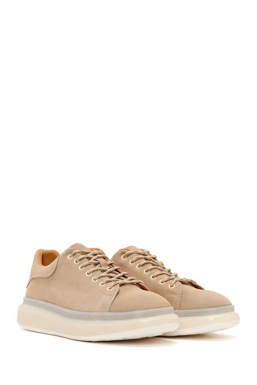 Men's Beige Lace-Up Thick-Sole Suede Leather Sneakers