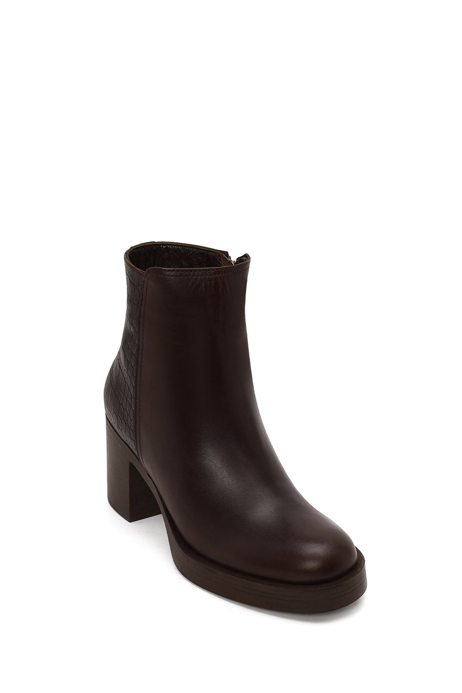 Woman Brown Zip Closure Croc Patterned Platform Chunky Heeled Leather Boots