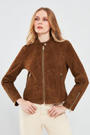 Grace Women's Brown Short Suede Leather Jacket | Derimod