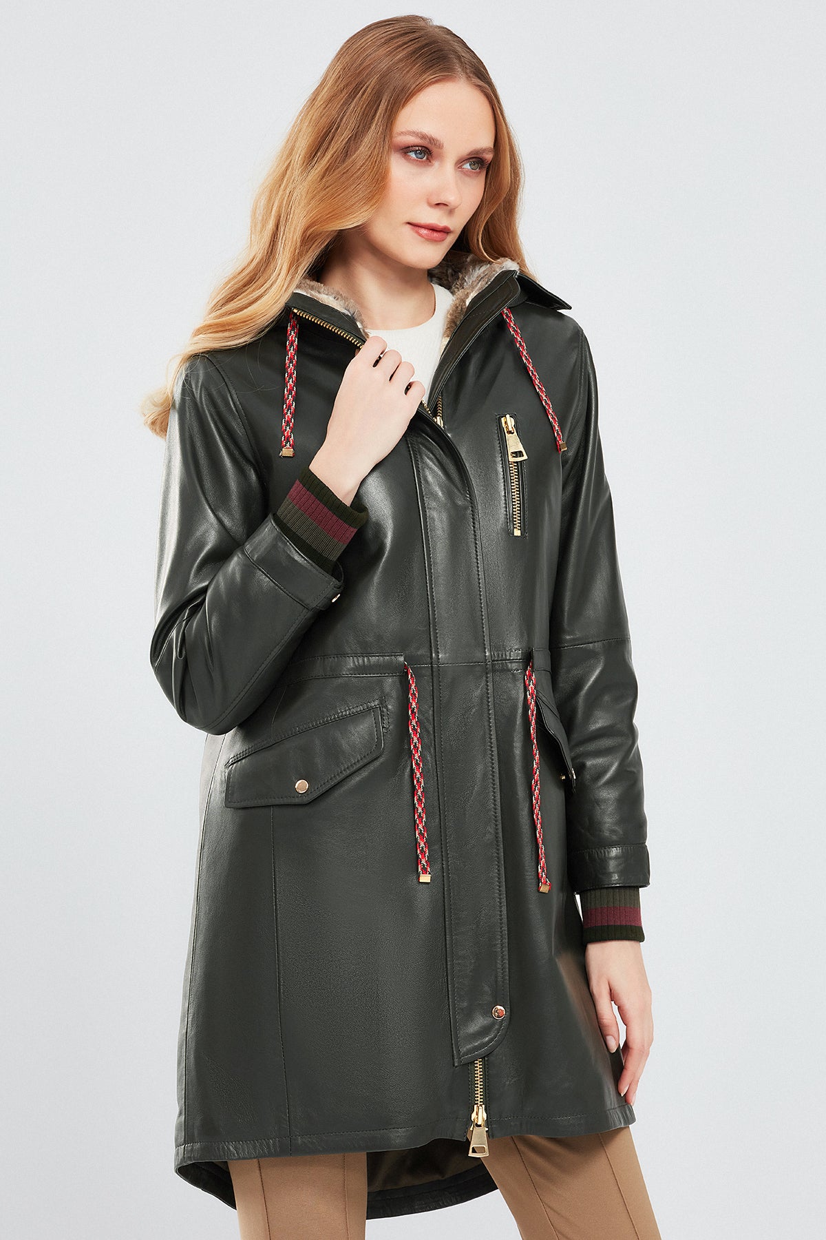 Valentina Kadın Yeşil Kürklü Deri Parka