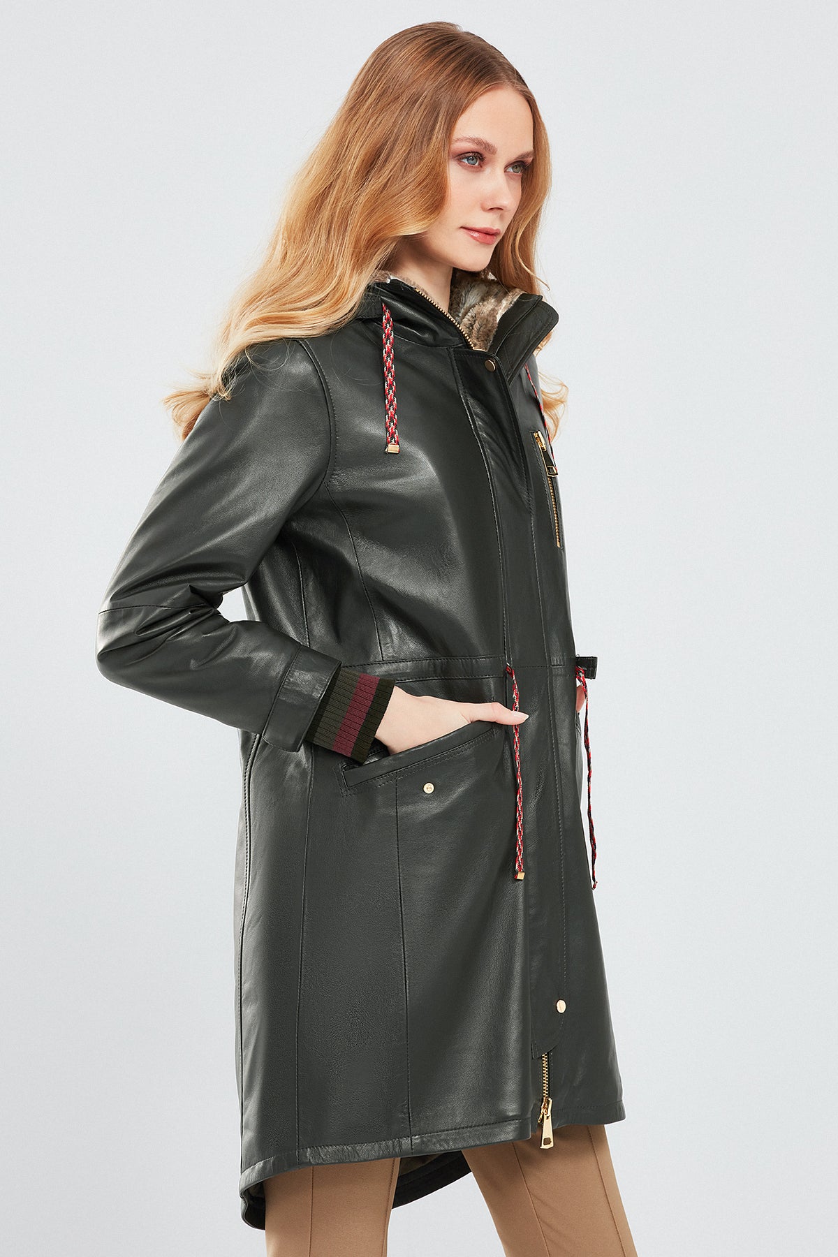 Valentina Kadın Yeşil Kürklü Deri Parka