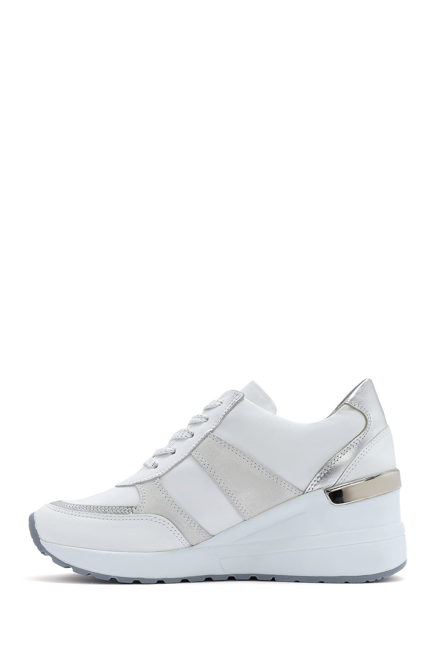 Women's White Wedge Heel Side Zip Leather Sneakers