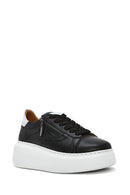 Women's Black Zippered Lace-Up Thick-Sole Leather Sneakers | Derimod