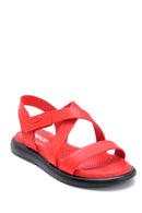 Women's Red Leather Flat Sandals | Derimod