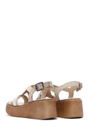 Women's Beige Ankle Strap Wedge Heeled Leather Comfort Sandals | Derimod