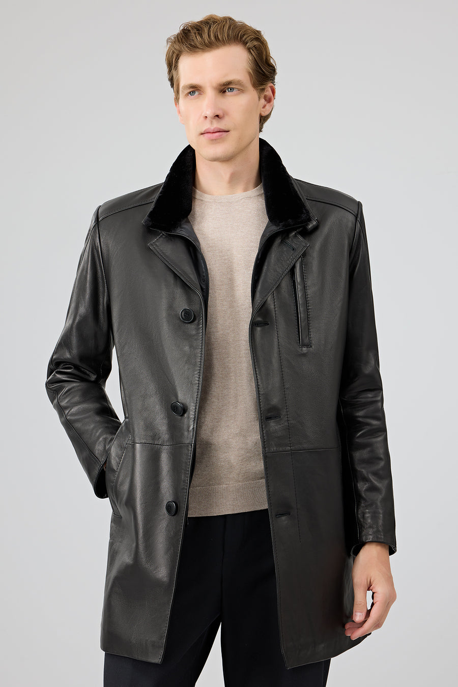 Barella Men's Black Collar Furry Leather Trench Coat