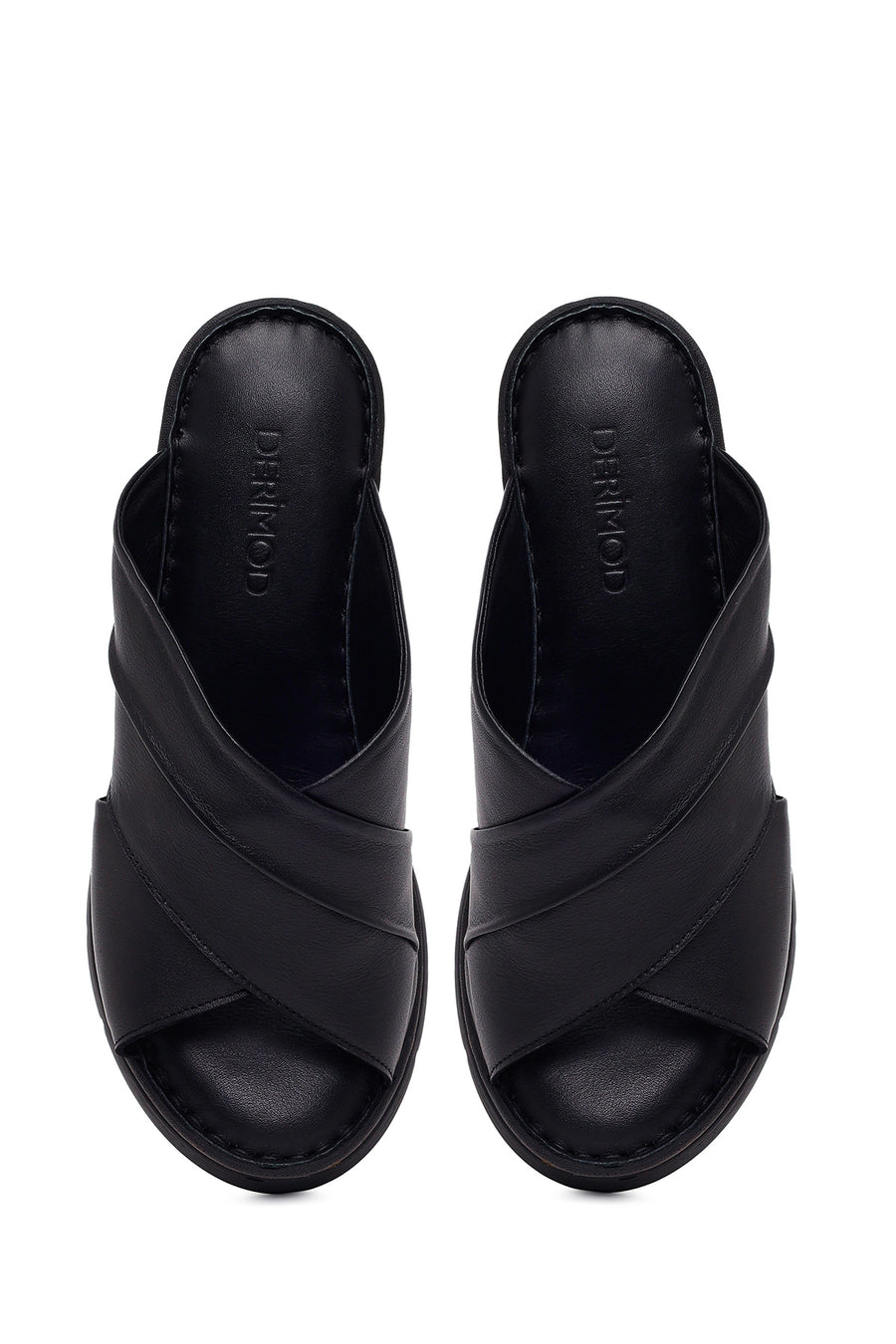 Woman Black Wedge Leather Comfort Slippers