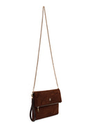 Woman Brown Printed Suede Clutch Bag with Long Chain Strap | Derimod