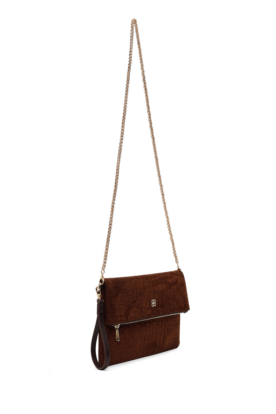 Woman Brown Printed Suede Clutch Bag with Long Chain Strap